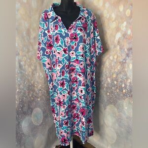 Denim and Co Printed Jersey Polo Collar Y-Neck Short Sleeve Dress Size 3X Blue